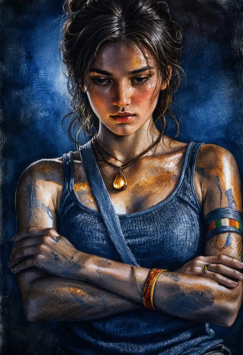 Contemplative woman lit by glowing amber pendant