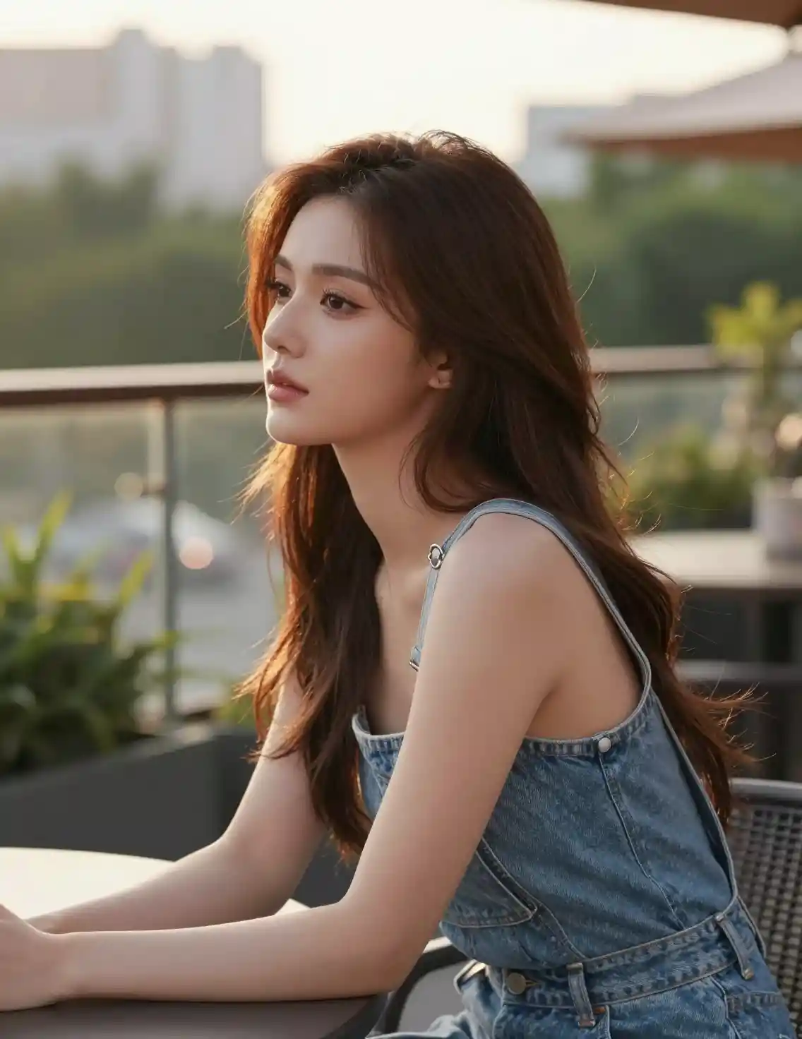 Young woman in denim overalls at sunset terrace table