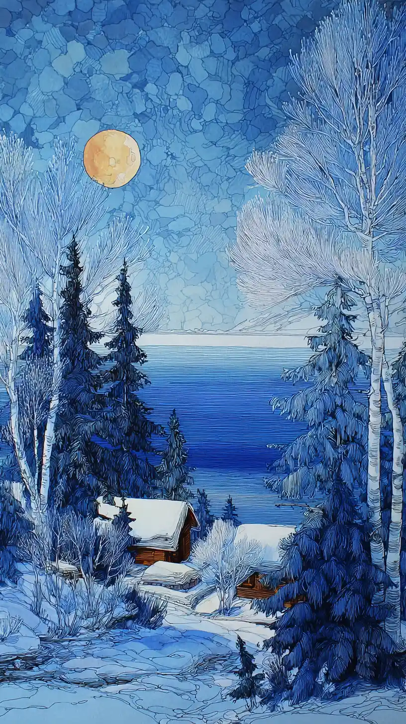 Romantic Winter Lakeside Landscape Under A December Moon