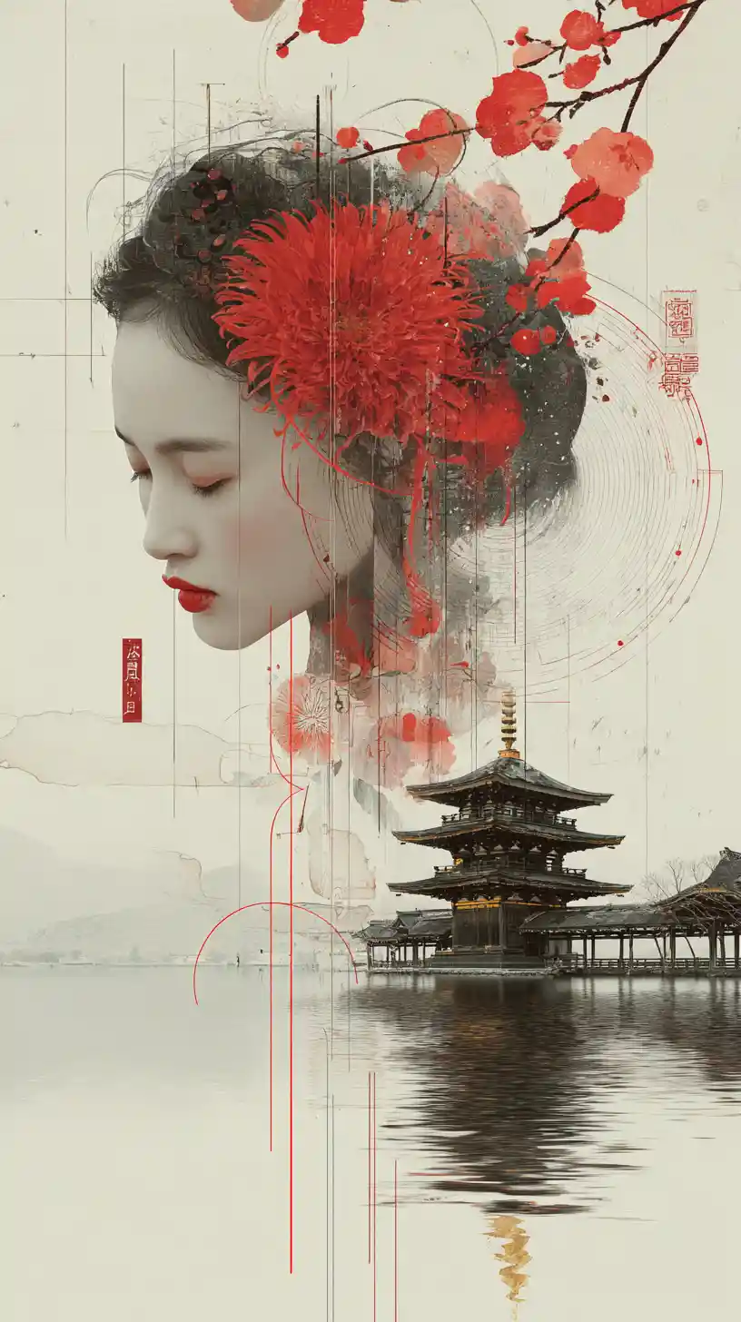 Elegant female profile with red flowers and pagoda