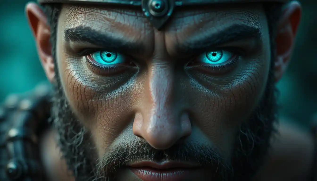 Extreme close up of a Greek warrior under teal light