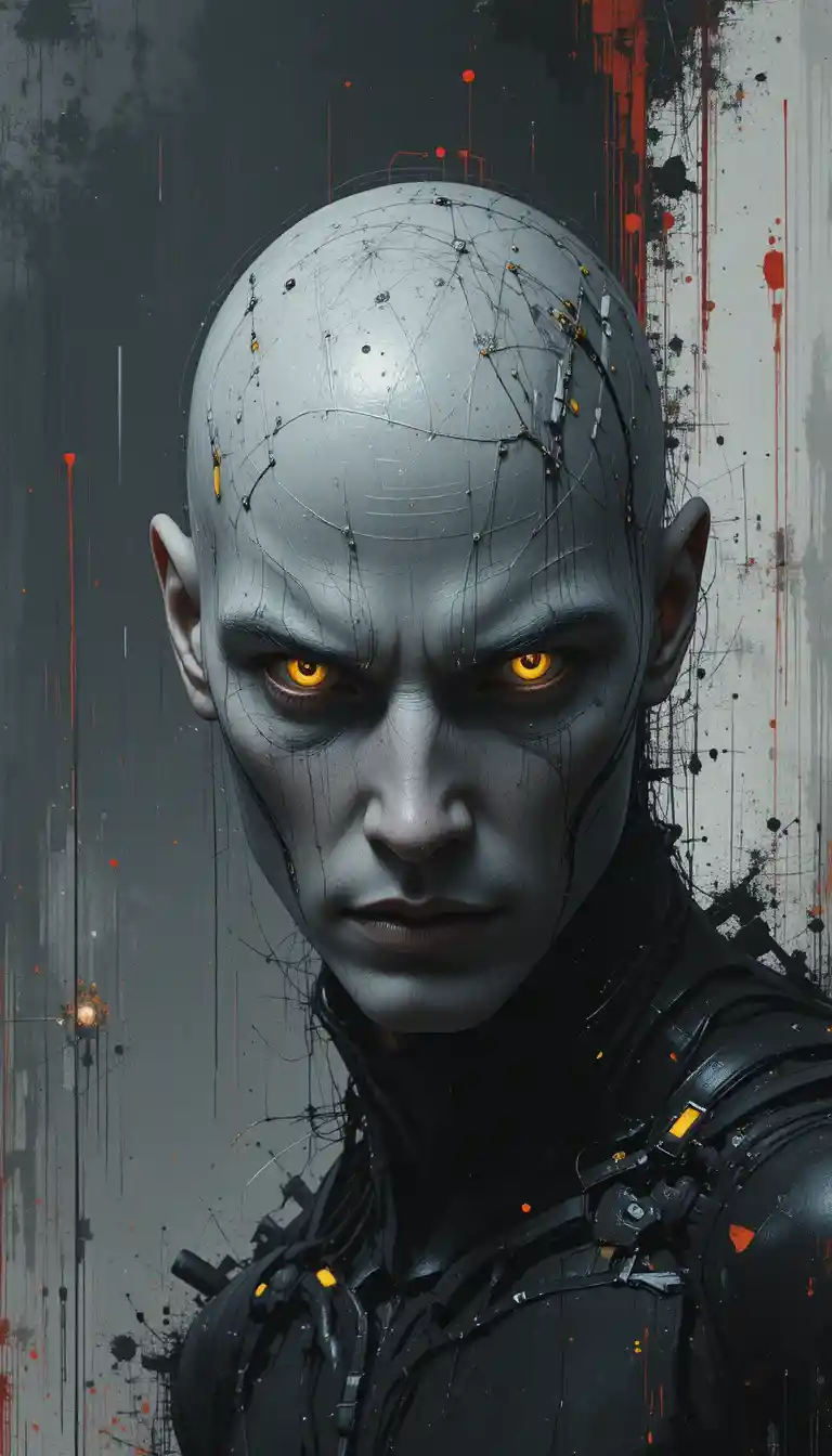 Cybernetic figure with glowing yellow eyes in dark abstract space