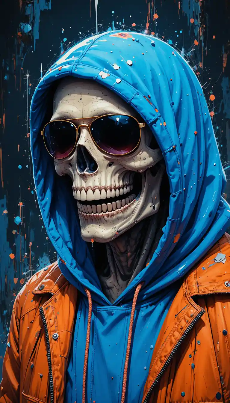 Grinning skull in hoodie and jacket with aviator sunglasses