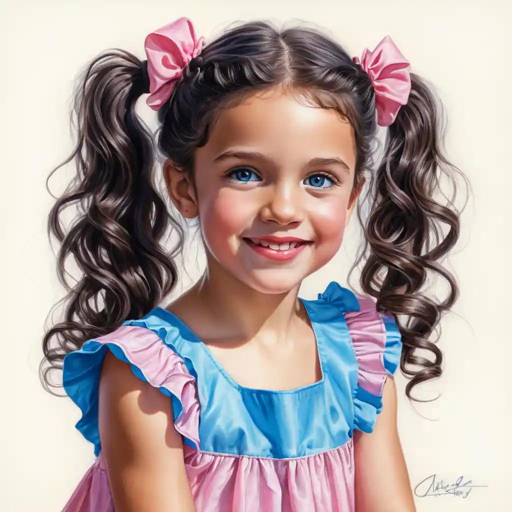 Smiling girl with long curly hair in pink ruffled dress