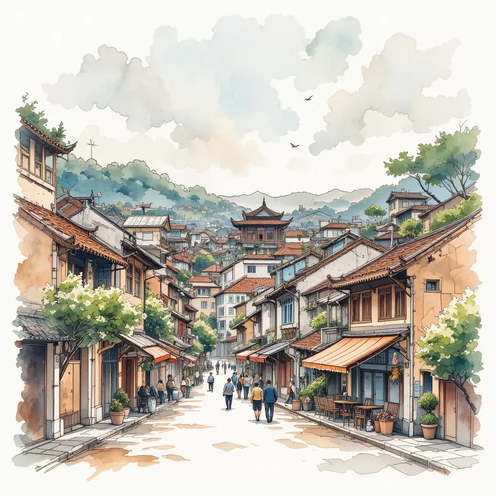 Vietnamesische Frau auf Stadtbalkon in Tinte und Aquarell