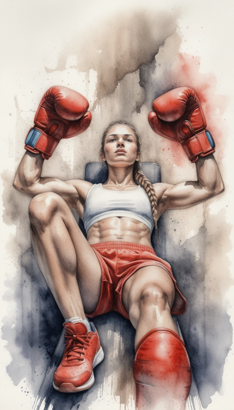 Athletic female boxer in guard on a dramatic ring