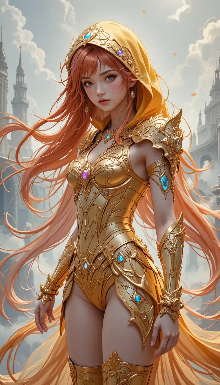 Anime fire armored warrior woman with glowing runes