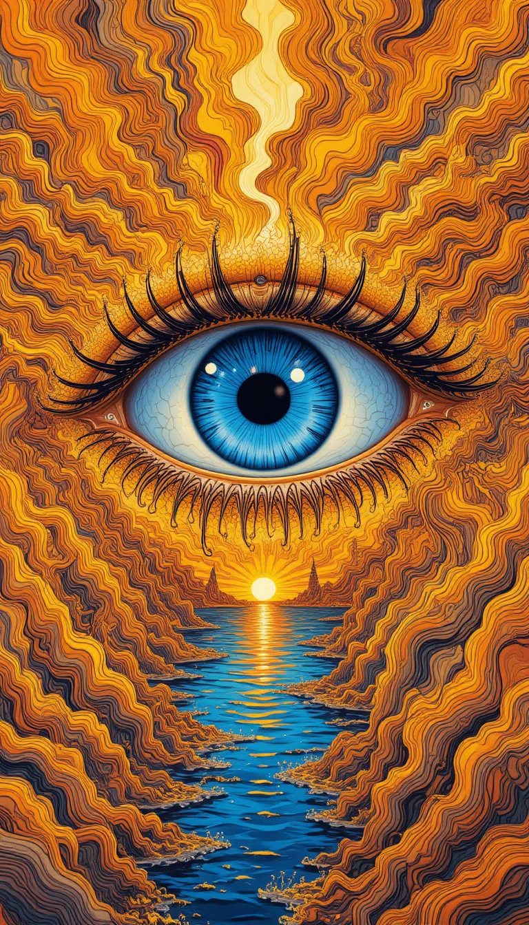 Surreal close up blue eye with fiery abstract patterns