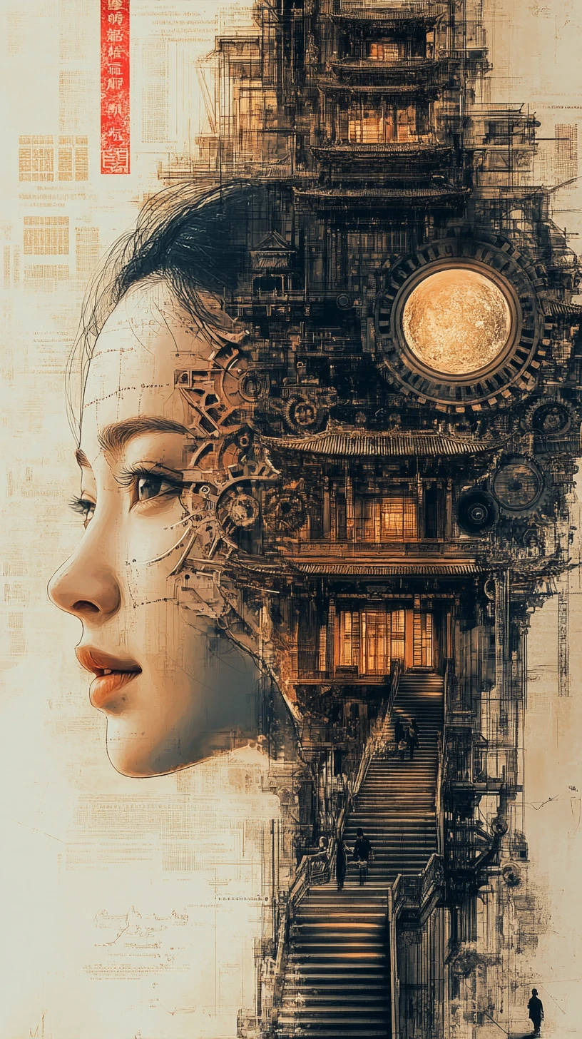 Surreal woman merging with towering pagoda cityscape
