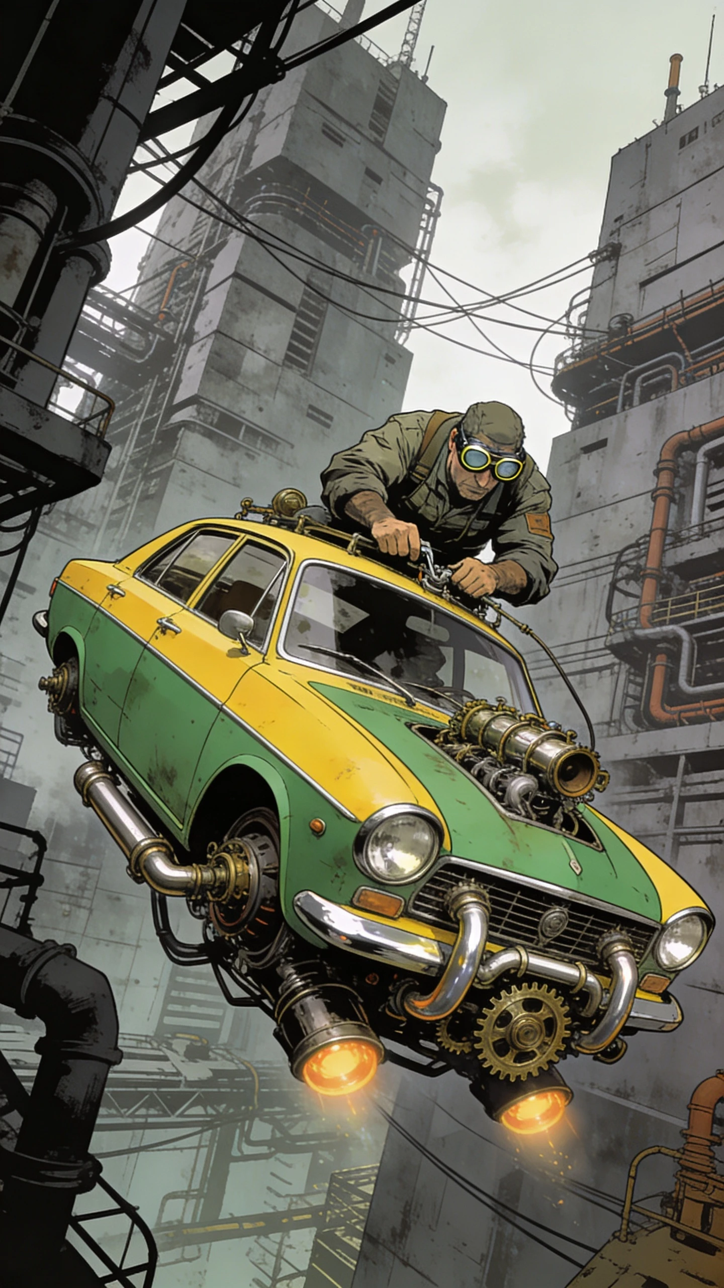 Hovering vintage car in dystopian industrial cityscape
