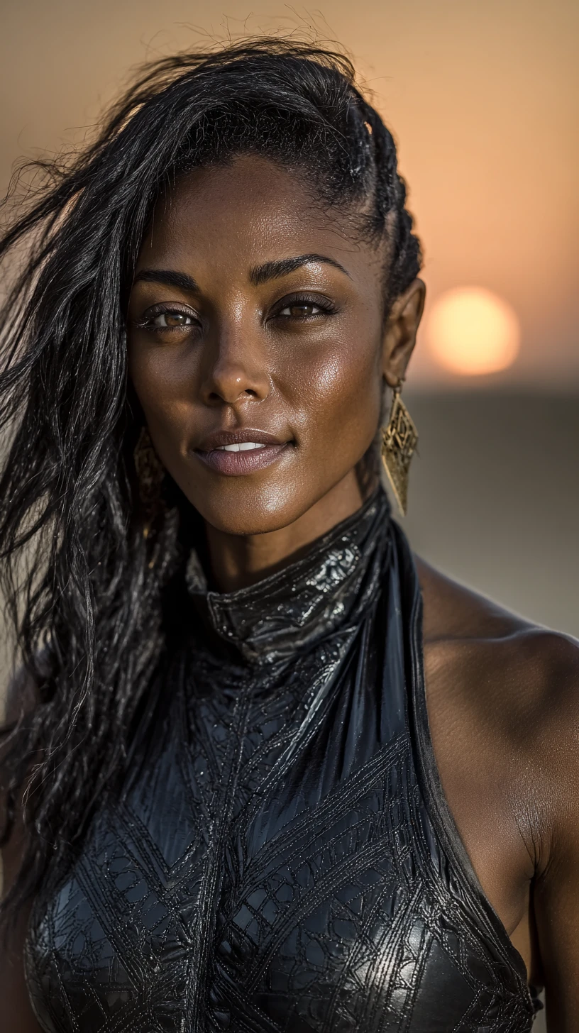 Strong female bodybuilder in black bodysuit at desert sunset
