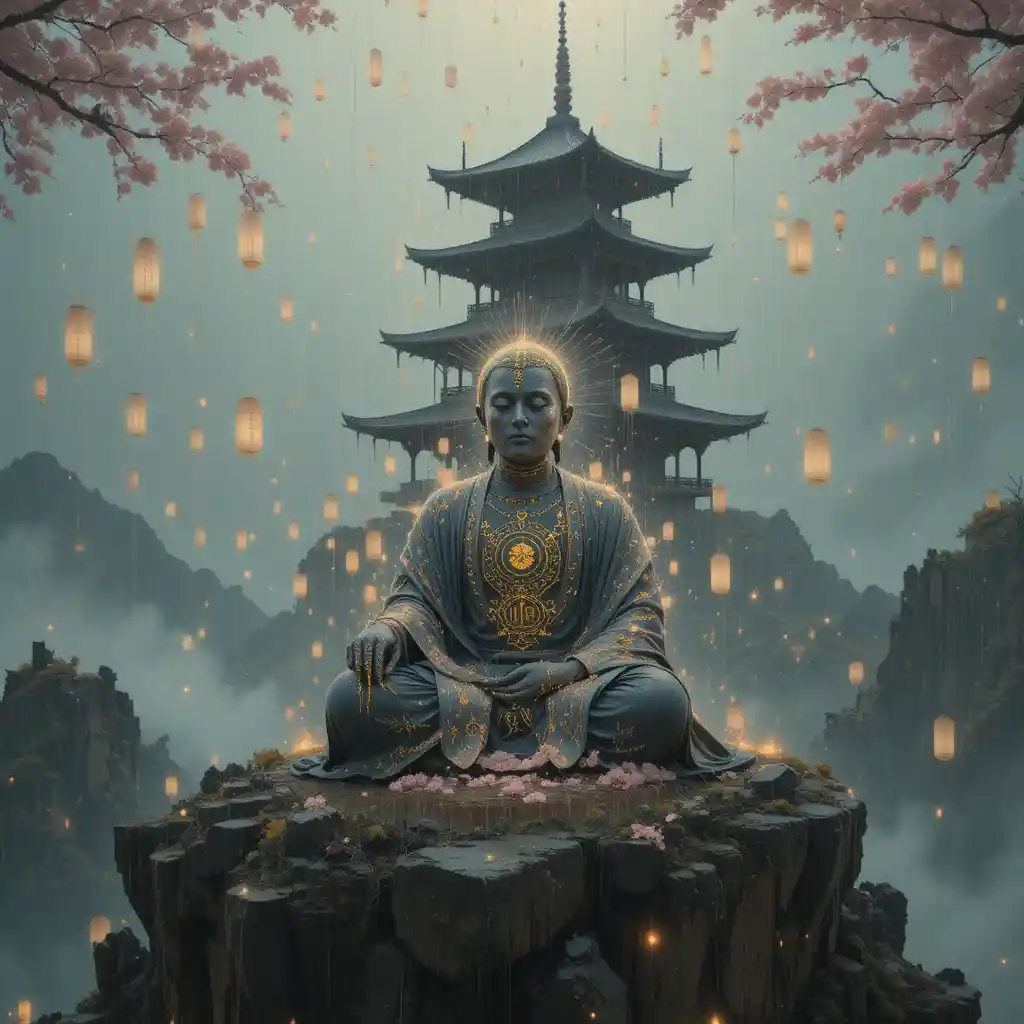 Buddhist monk meditating on a serene floating island
