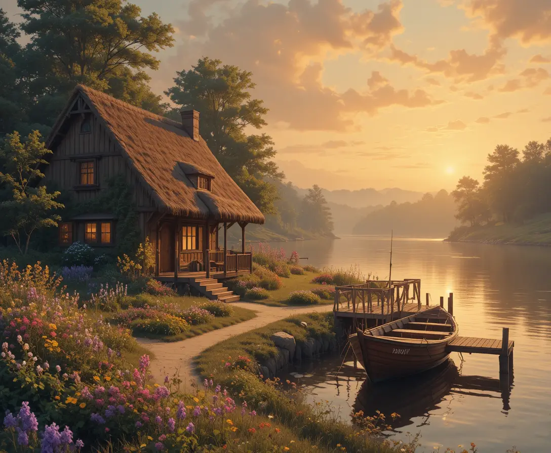 Cozy riverside cabin at golden hour in fantasy landscape