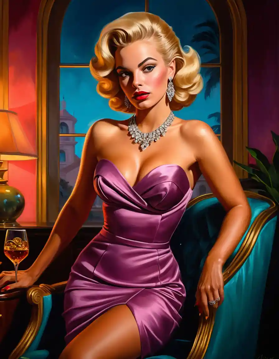 Glamorous blonde woman in bodycon dress at luxury villa
