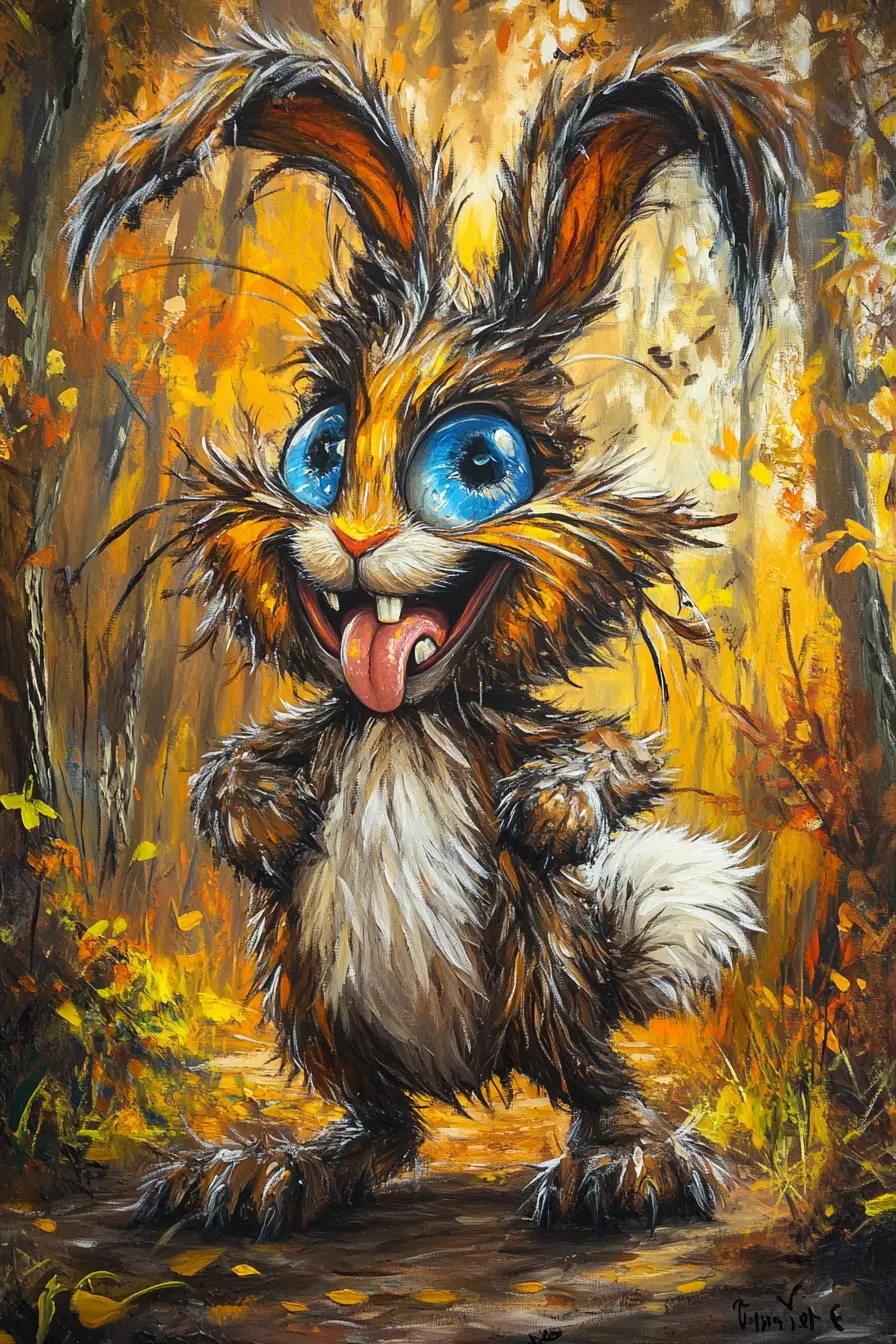 Playful devilish rabbit leaning forward in autumn forest