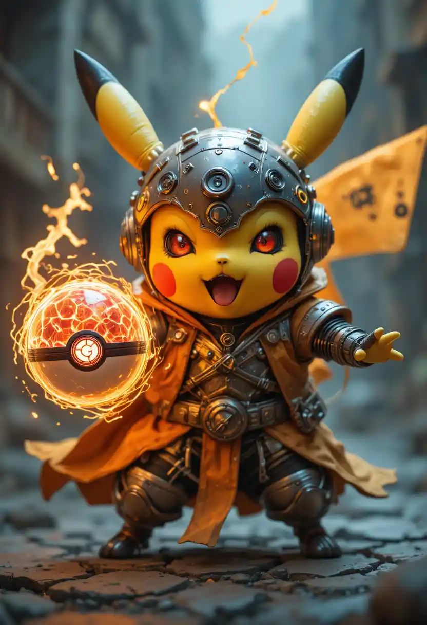 Cyberpunk armored pikachu lunging with glowing pokeball