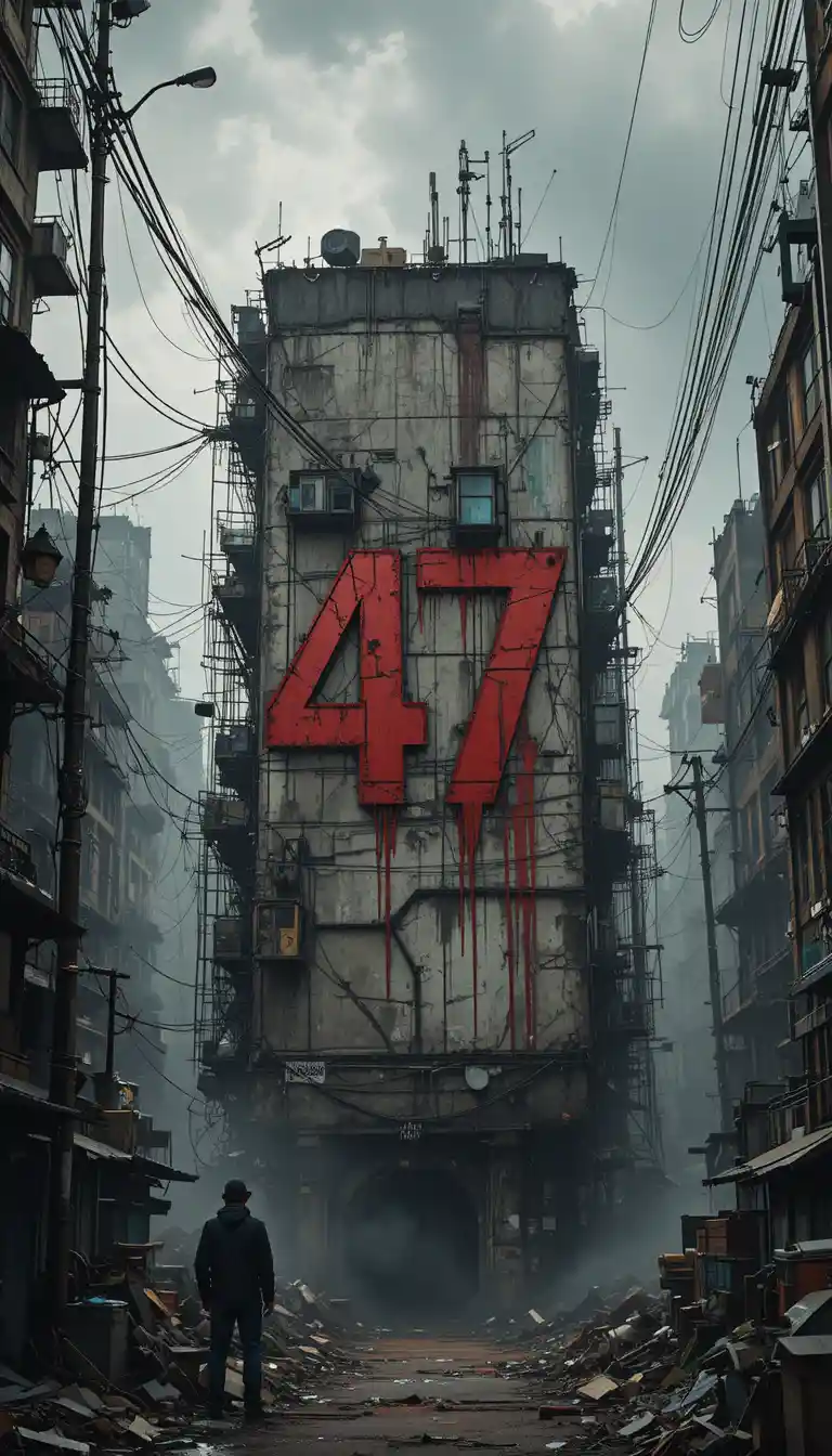 Chaotic Urban Street With Grungy Building And Red Number 47