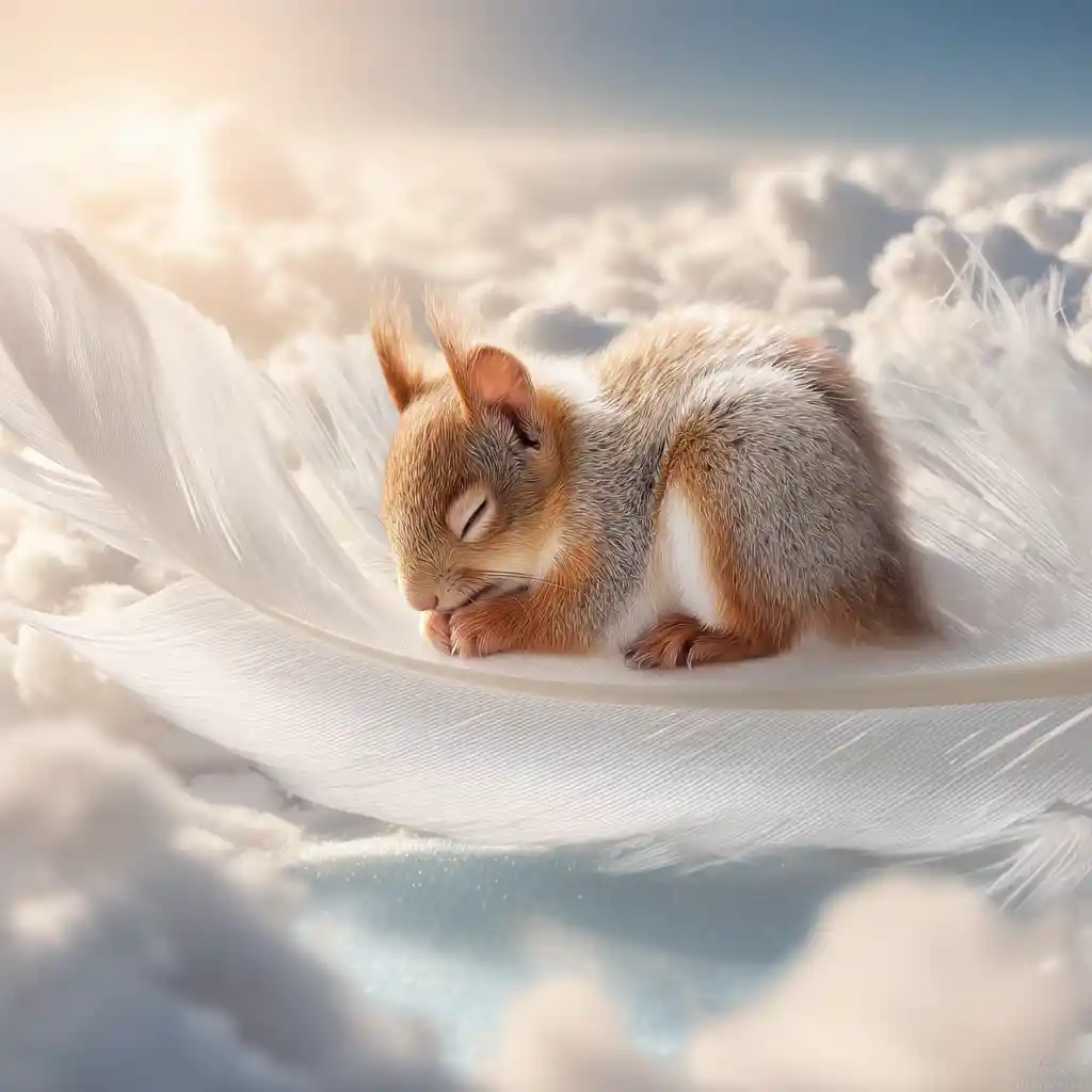 Tiny baby squirrel sleeping on a white feather in sky