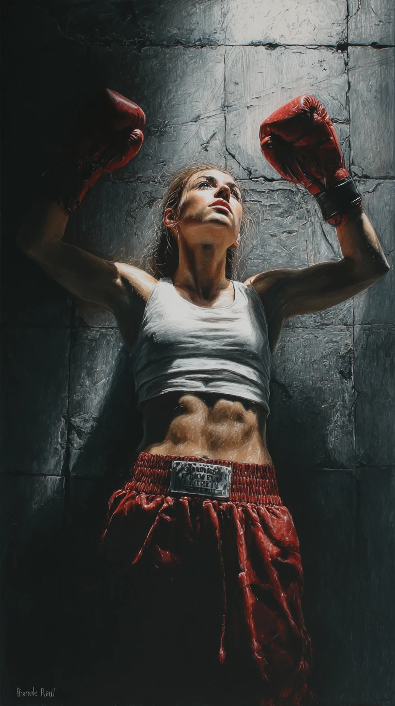 Hyperreal colored pencil drawing of a determined female boxer