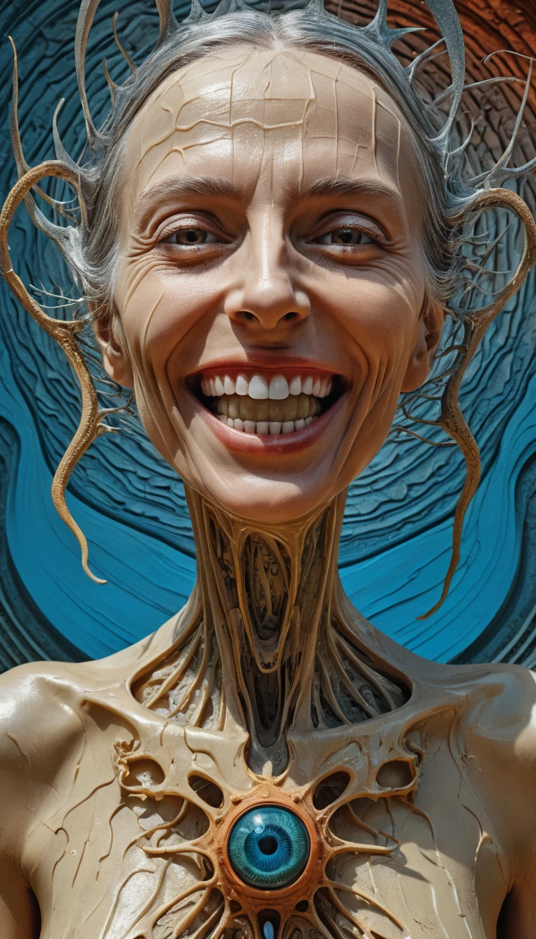 Surreal melting portrait of a smiling woman with abstract background