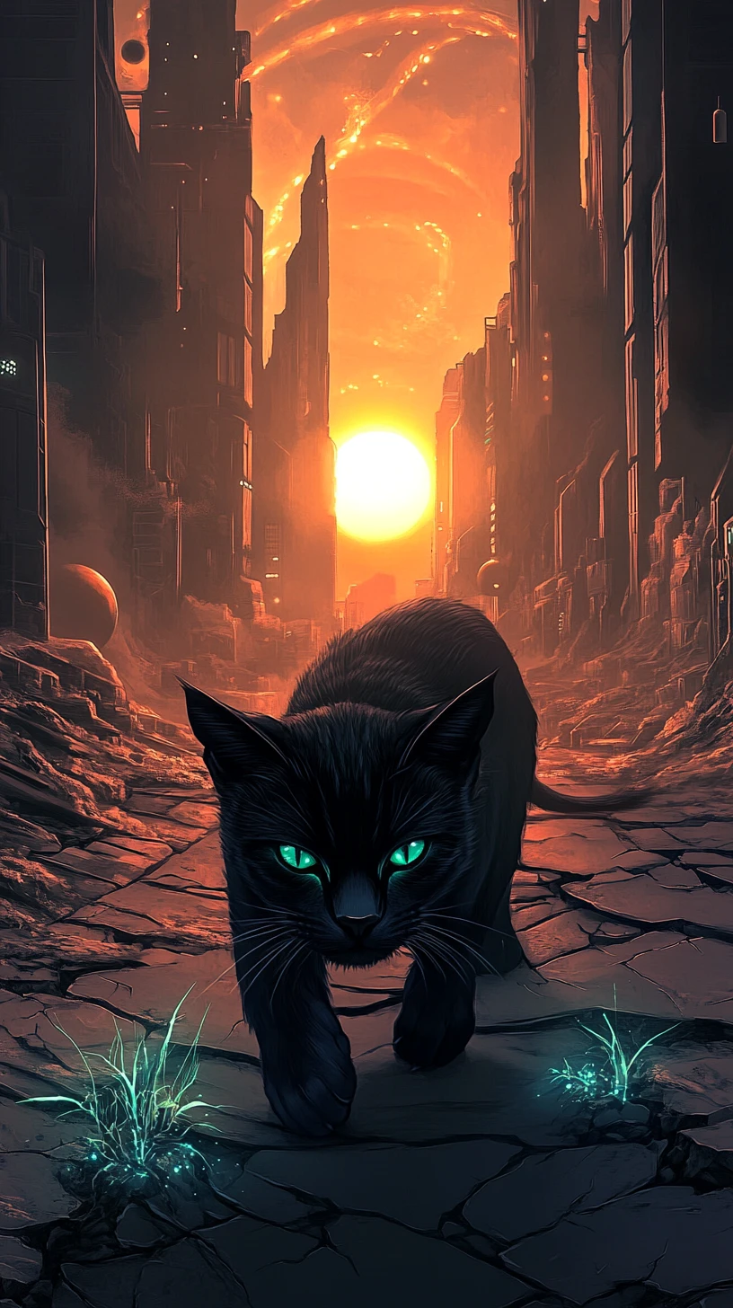 Alien black cat prowling through a desolate sci fi city