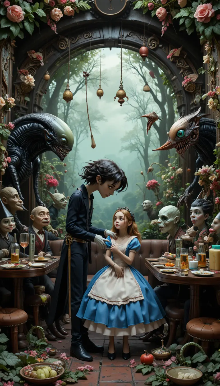 Whimsical clay cook in a flowering fantasy forest