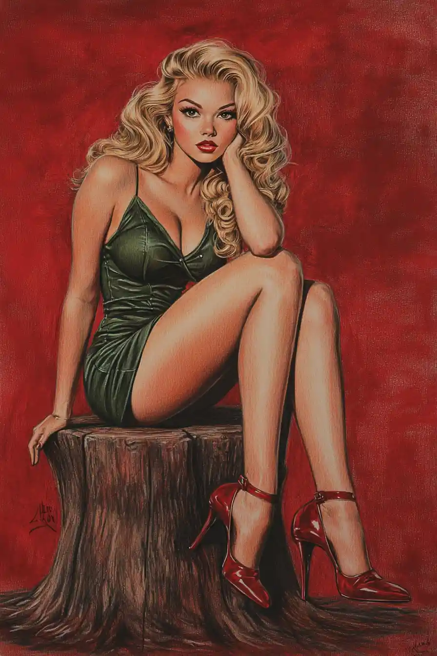 Blonde woman in green dress seated on wooden stump