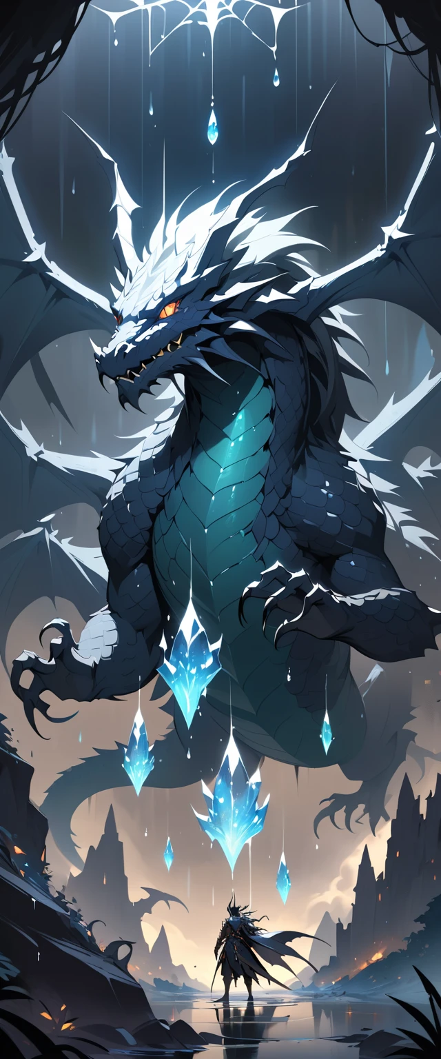 Tiny dragon in a glowing crystal hoard inside raindrop