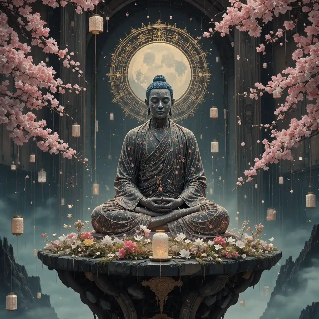 Buddhist monk meditating on a floating island in ukiyo e style