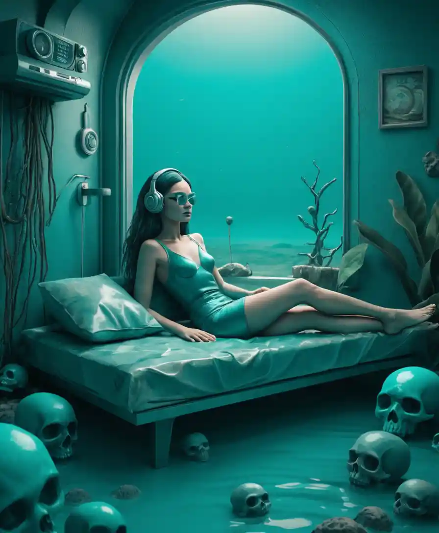 Surreal teal figure resting in a eerie popsurreal scene