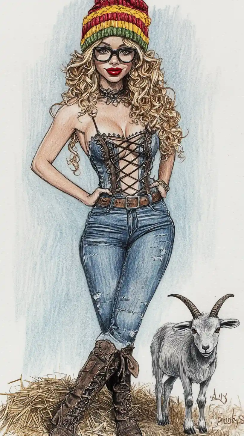 Curvy blonde pin up woman with pygmy goat companion