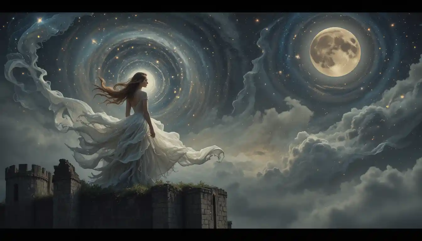 Ethereal woman on castle battlement under swirling cosmic sky