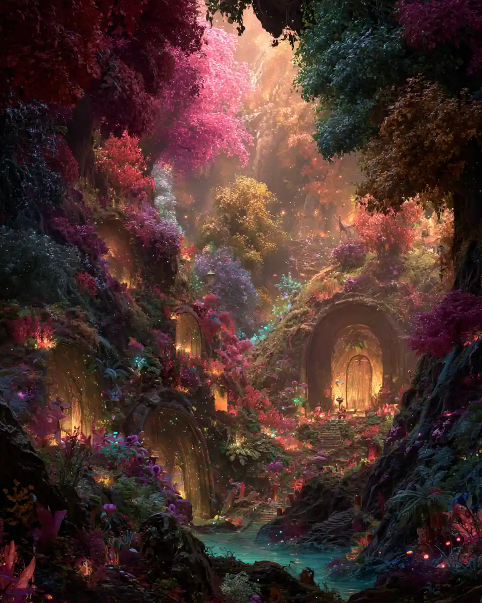 Enchanted Forest With Arched Doorways In Natural Light