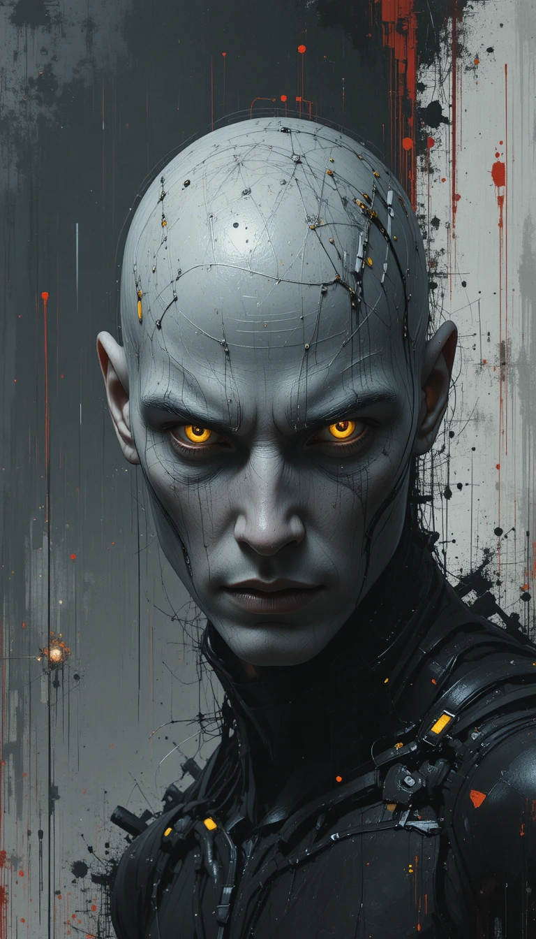 Cybernetic figure with glowing yellow eyes in dark abstract space