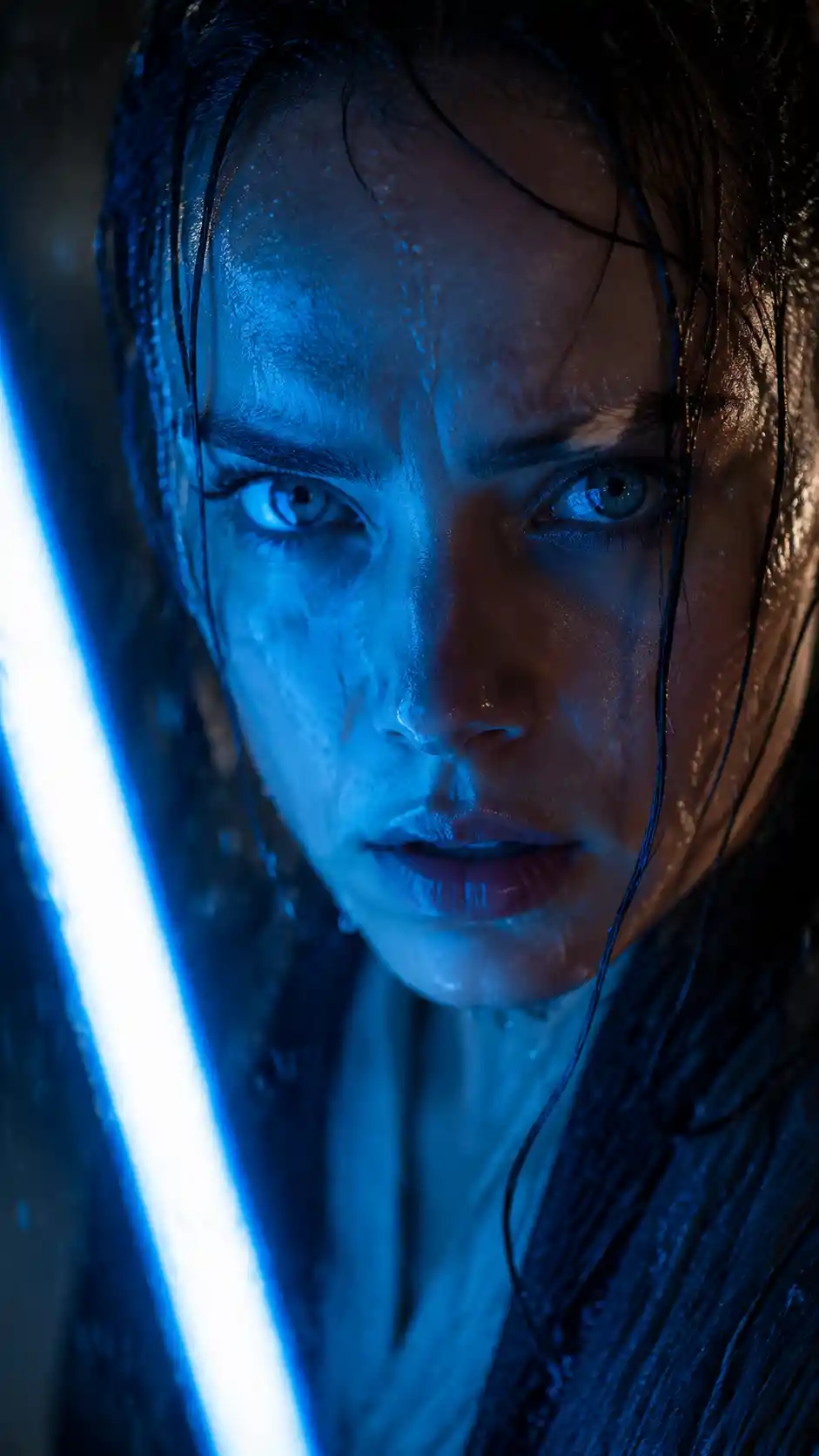 Intense Female Jedi Portrait Lit By Blue Lightsaber In Rain