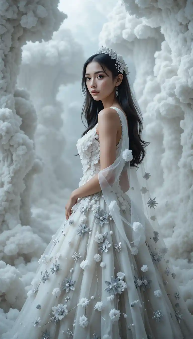 Dreamy fashion portrait of a young woman in white clouds