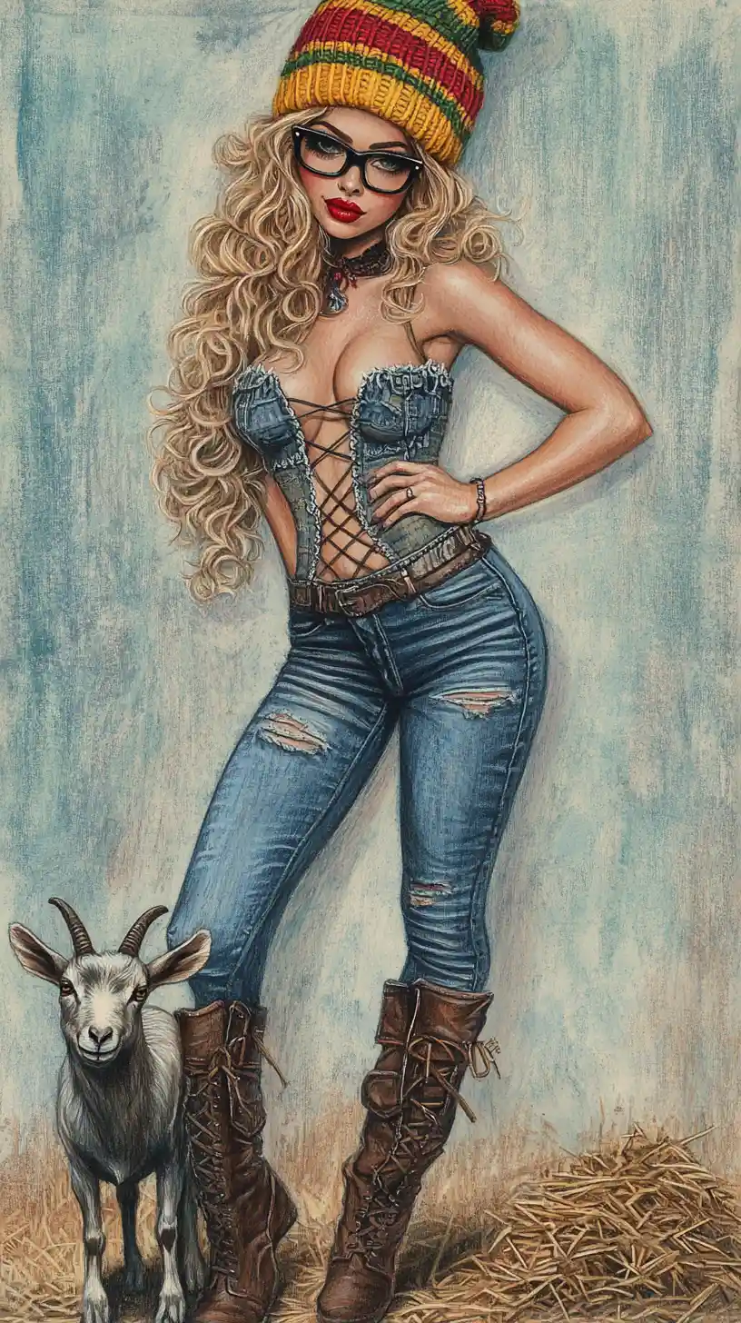 Curvy blonde pin up woman with goat in colored pencil art