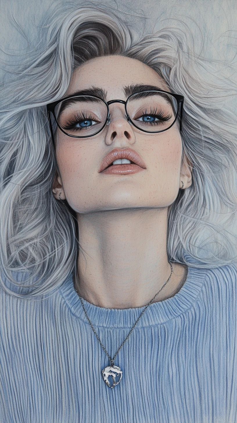 Silver haired woman portrait in colored pencil drawing