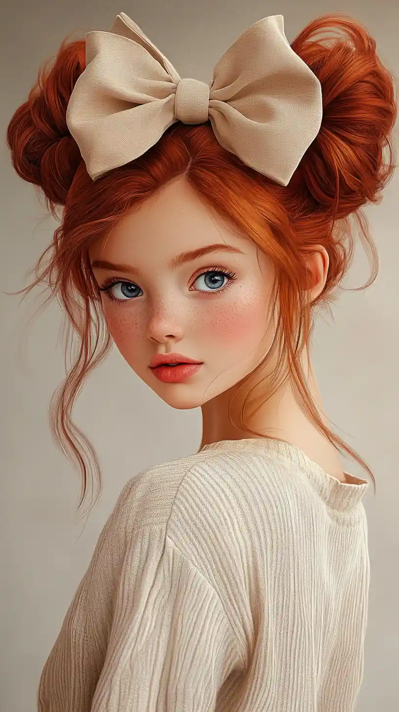 Playful red haired anime girl in beige sweater portrait