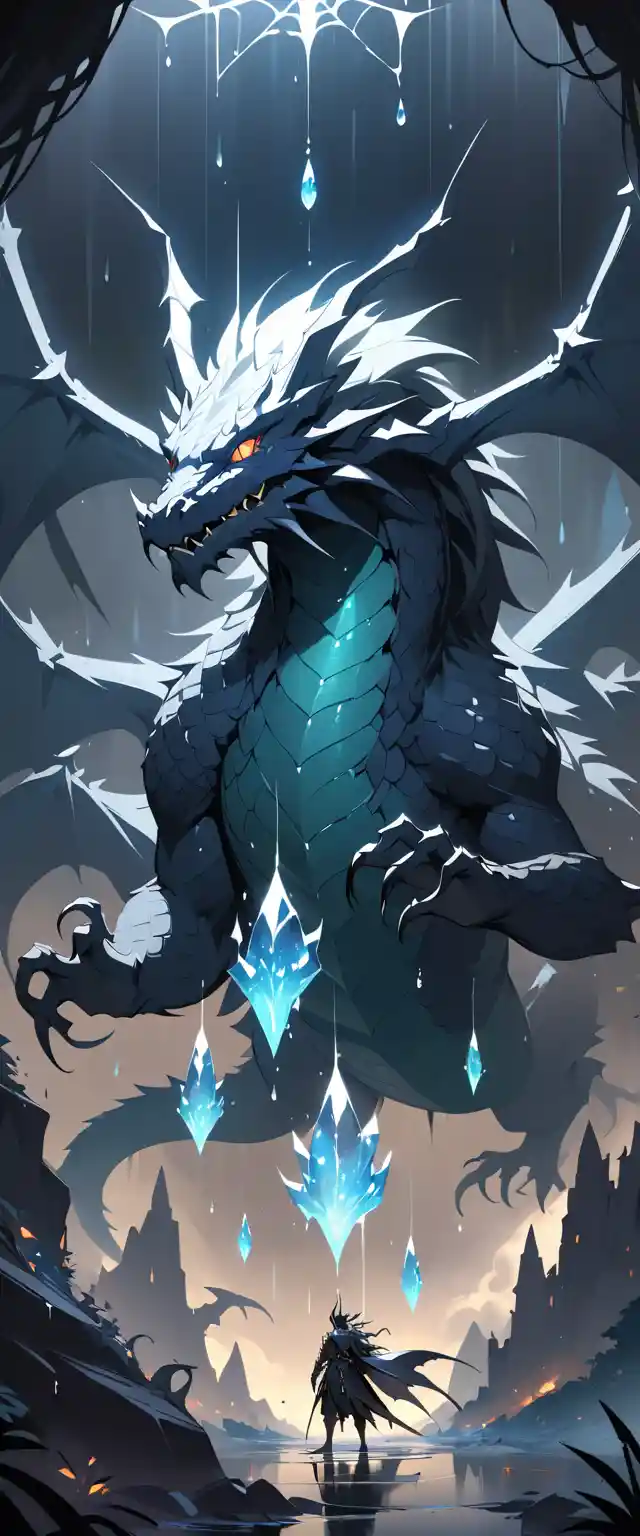 Tiny dragon in a glowing crystal hoard inside raindrop
