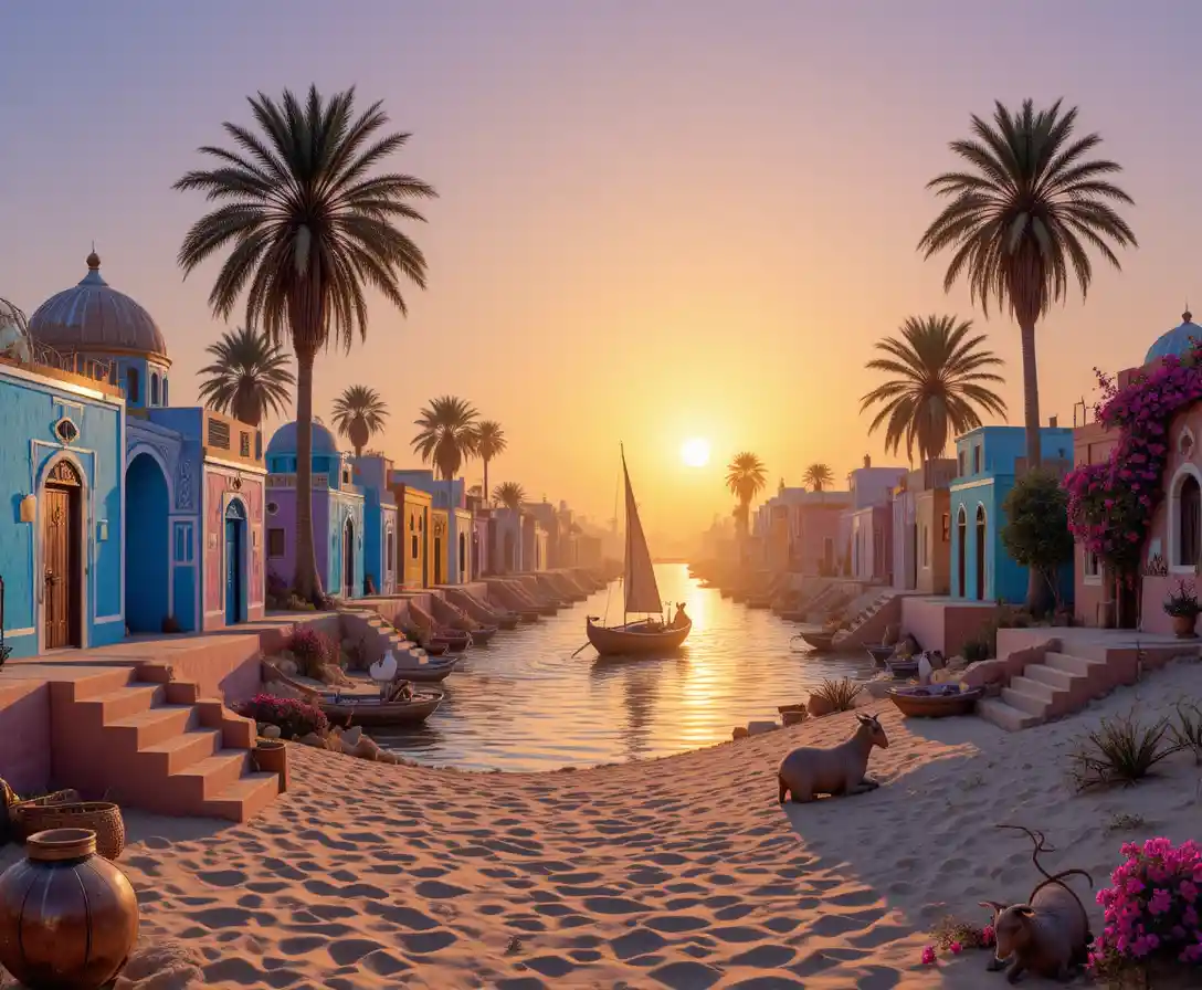 Colorful Nubian houses glowing by the Nile at sunset