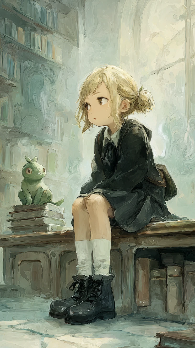 Pensive blonde schoolgirl sitting alone in a quiet library
