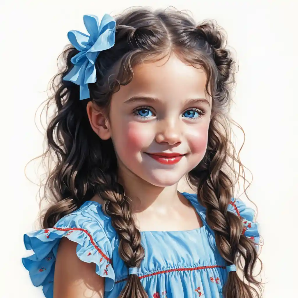 Smiling girl with long black braid in blue summer dress