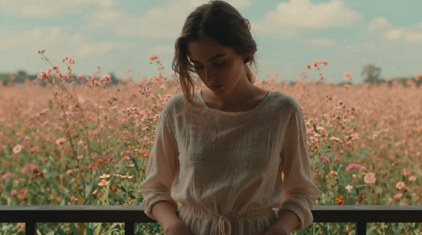 Young woman on balcony above a soft abstract field