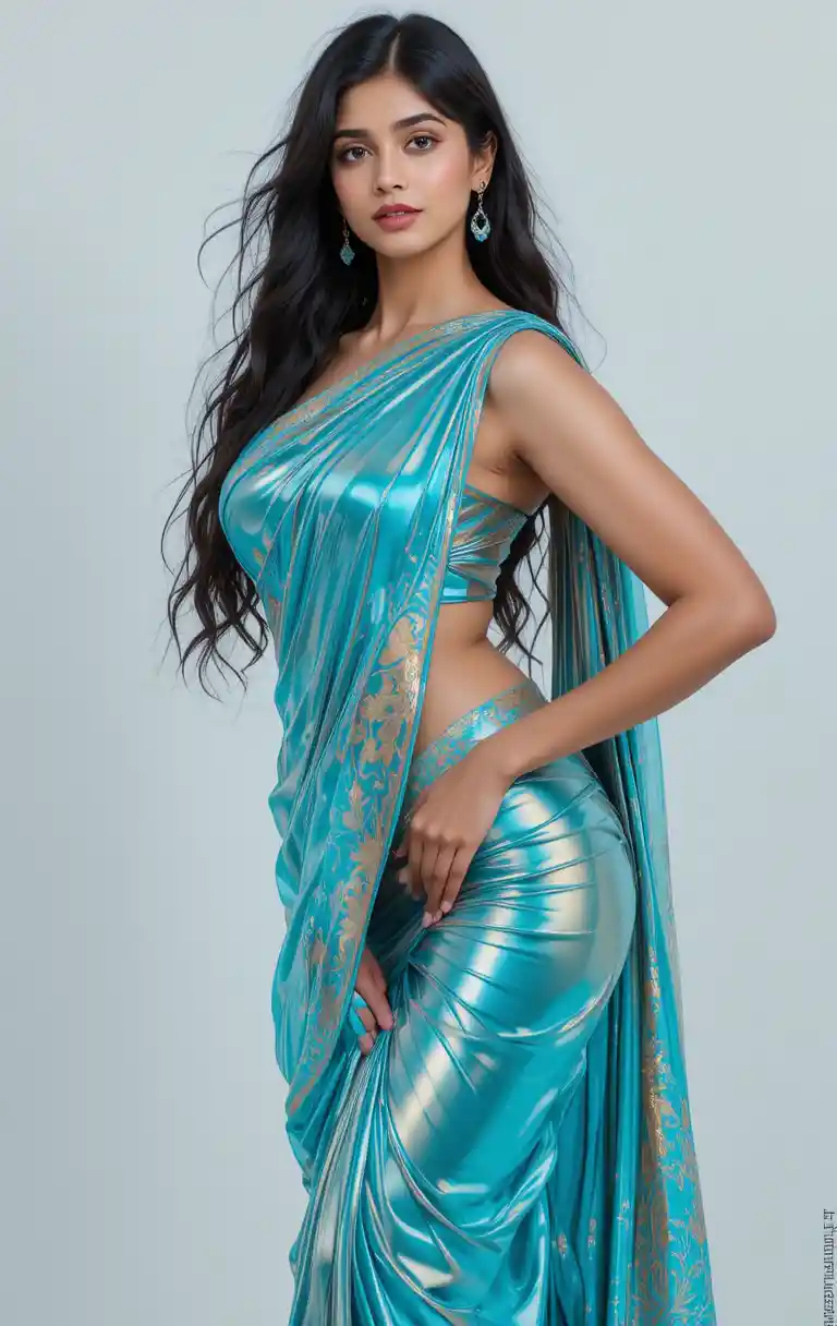 Tamil woman in glossy saree bending in a full body pose