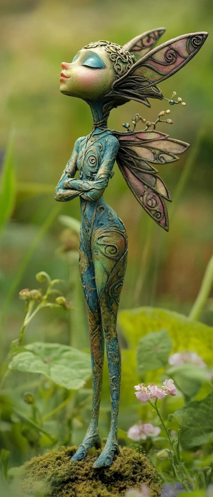 Cute metallic fairy standing in a whimsical pastel scene
