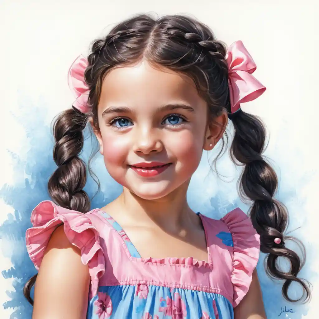 Smiling girl with long black braid in pink summer dress