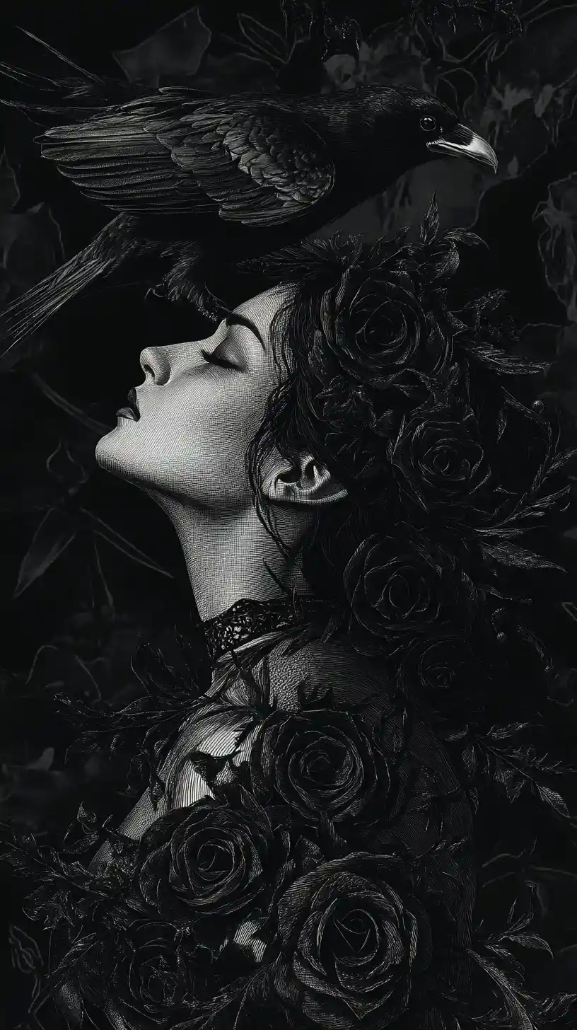 Dark feminine profile merging with raven and black roses