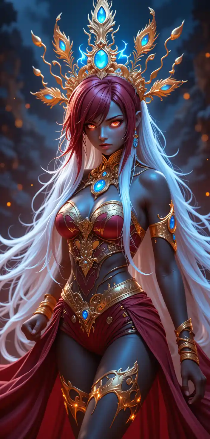 Anime warrior woman with glowing guild marks and neon sigils