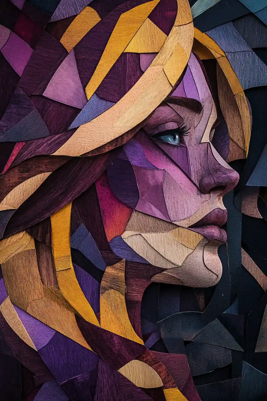 Cubist portrait of a mystical woman dissolving into dust